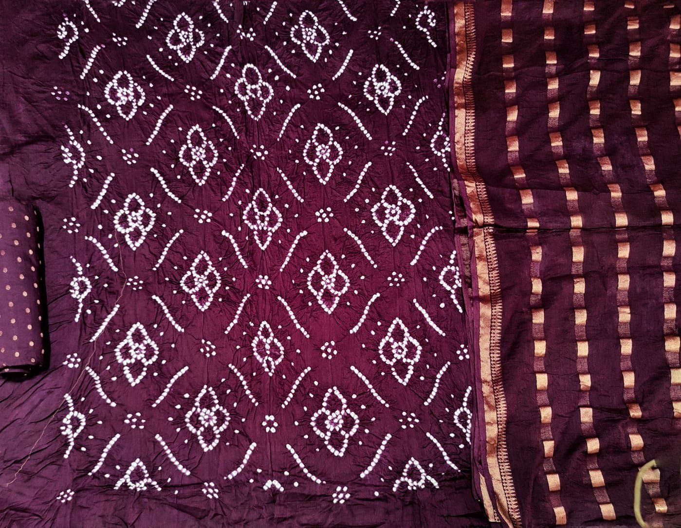 Bandhej 3 pc suits with jaicard bottom.and duppatta