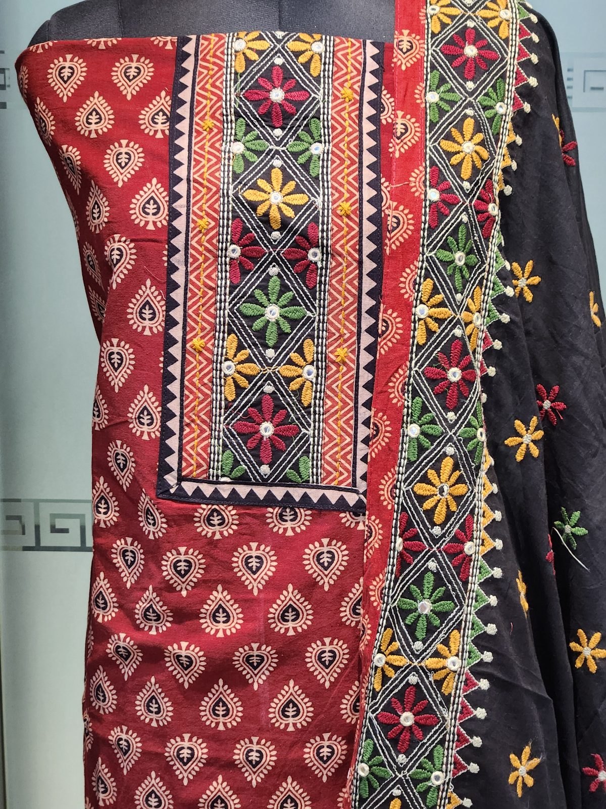 Red & Black duppatta work ajrakh